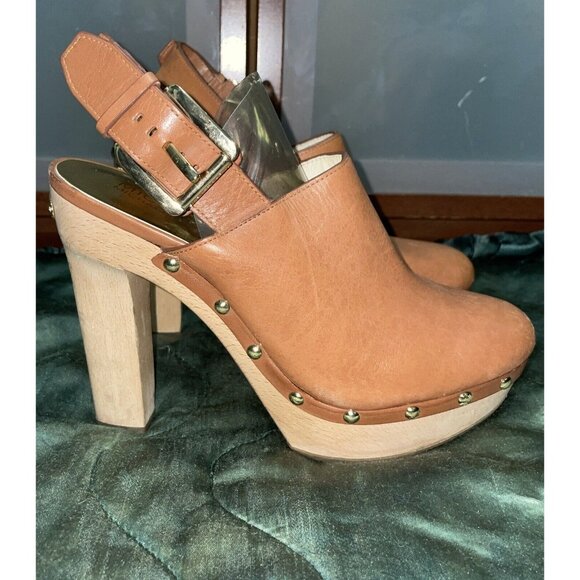 Michael Kors Beatrice Brown Studded Leather Slingback Clogs Heels Shoes 7 M - Picture 1 of 9